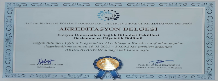  Beslenme ve Diyetetik Bölümü Akreditasyon Belgesi 